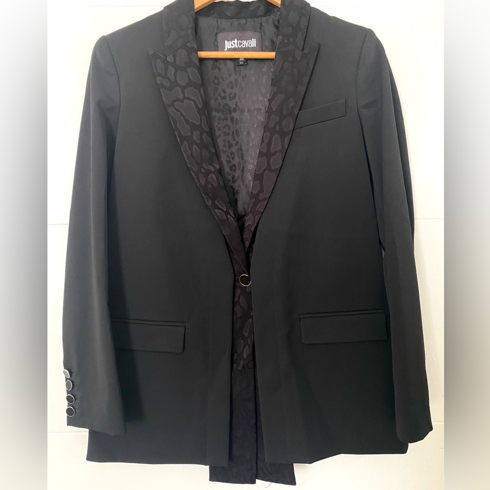 Just Cavalli Black Blazer with Leopard Lapel